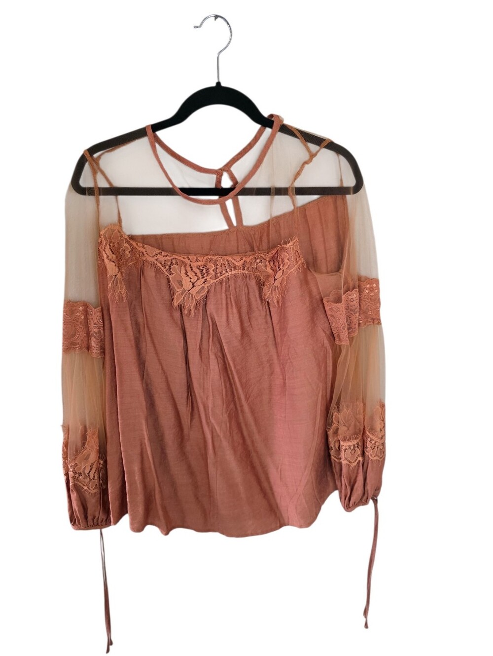 Muriells Clpset Gold Sheer Sleeve Lace-Trim  Shoulder Top -